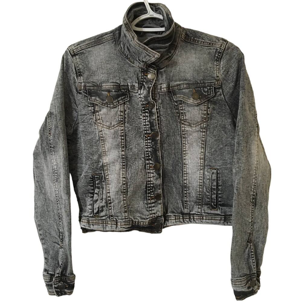 Dollhouse L Medium Wash Black DenimJean Button Down Jacket Slip Side Pockets